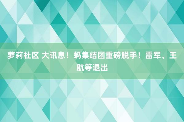 萝莉社区 大讯息！蚂集结团重磅脱手！雷军、王航等退出